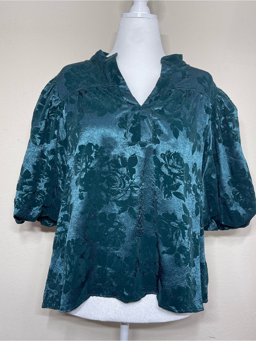 GLAM Teal Floral Jacquard Balloon Sleeve Blouse Size L